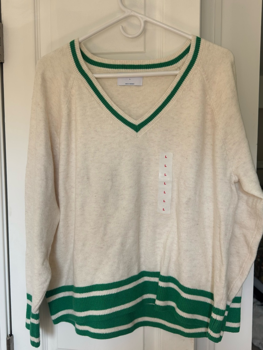 Old Navy Cream V-Neck Sweater with Green Trim